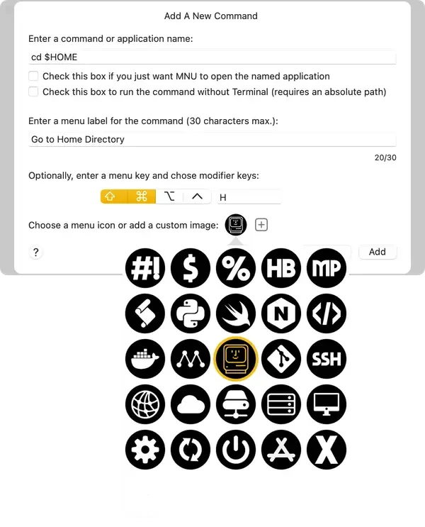 Select the MNU item icon from the popup palette