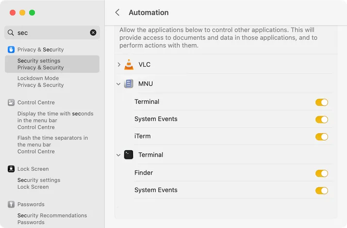 Control MNU permissions in System Preferences, Security+Privacy