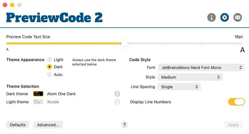 Light theme selection in PreviewCode