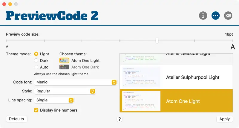 Light theme selection in PreviewCode