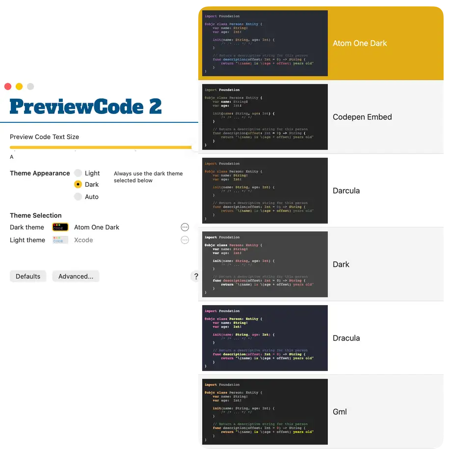 Light theme selection in PreviewCode