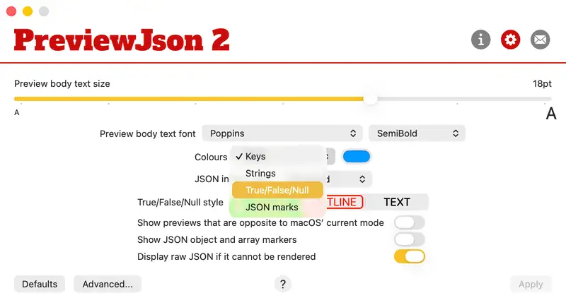 PreviewJson colour selection