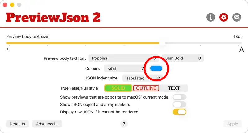 PreviewJson colour selection