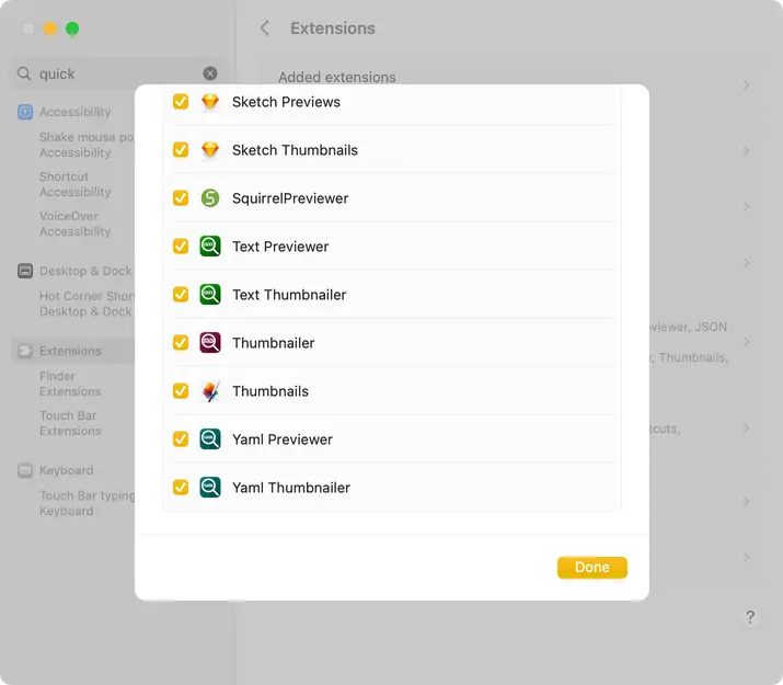 macOS Ventura system settings for extensions